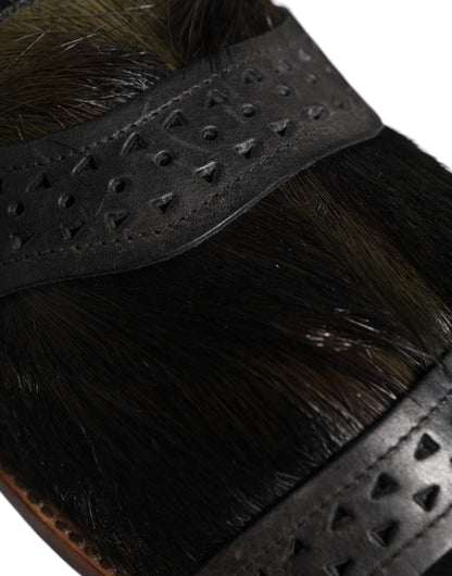 Dolce &amp; Gabbana Schwarze Gazelle Hair Leder Flats Sandalen Schuhe