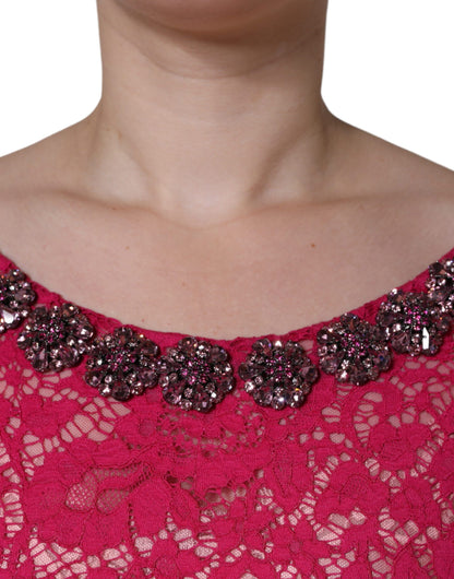 Dolce &amp; Gabbana – Langes Etuikleid aus rosa Spitze mit Kristallen