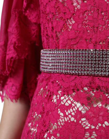 Dolce &amp; Gabbana – Langes Etuikleid aus rosa Spitze mit Kristallen