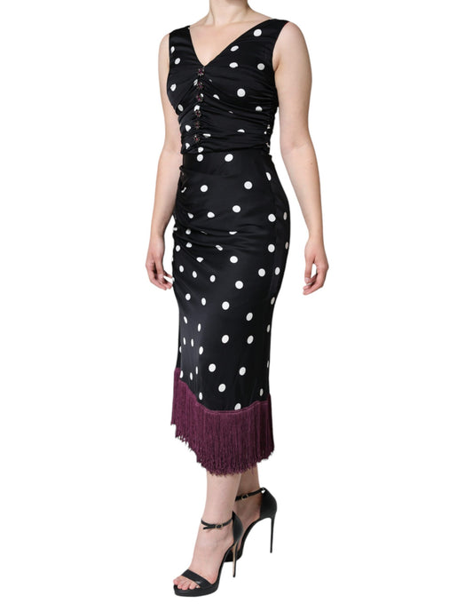 Dolce & Gabbana – Schwarzes Midikleid aus Seide mit V-Ausschnitt und Quasten und Punkten