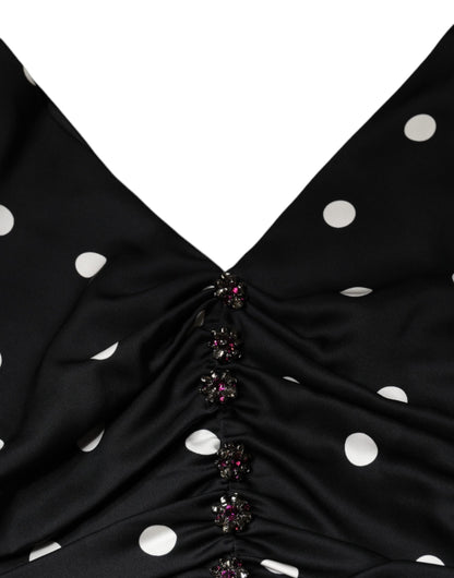 Dolce &amp; Gabbana – Schwarzes Midikleid aus Seide mit V-Ausschnitt und Quasten und Punkten