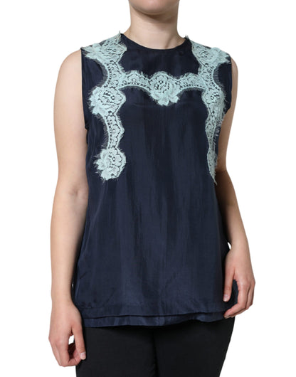 Dolce &amp; Gabbana, blaues, ärmelloses Seiden-Tanktop mit Blumenspitze