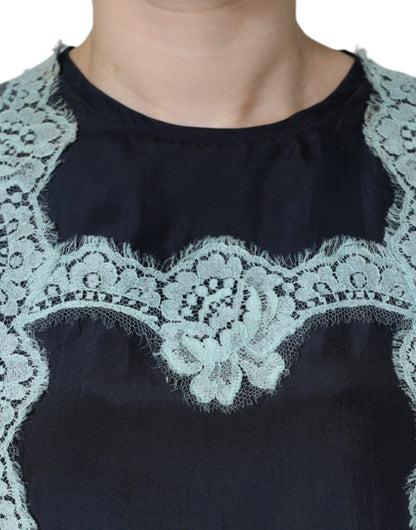 Dolce &amp; Gabbana, blaues, ärmelloses Seiden-Tanktop mit Blumenspitze