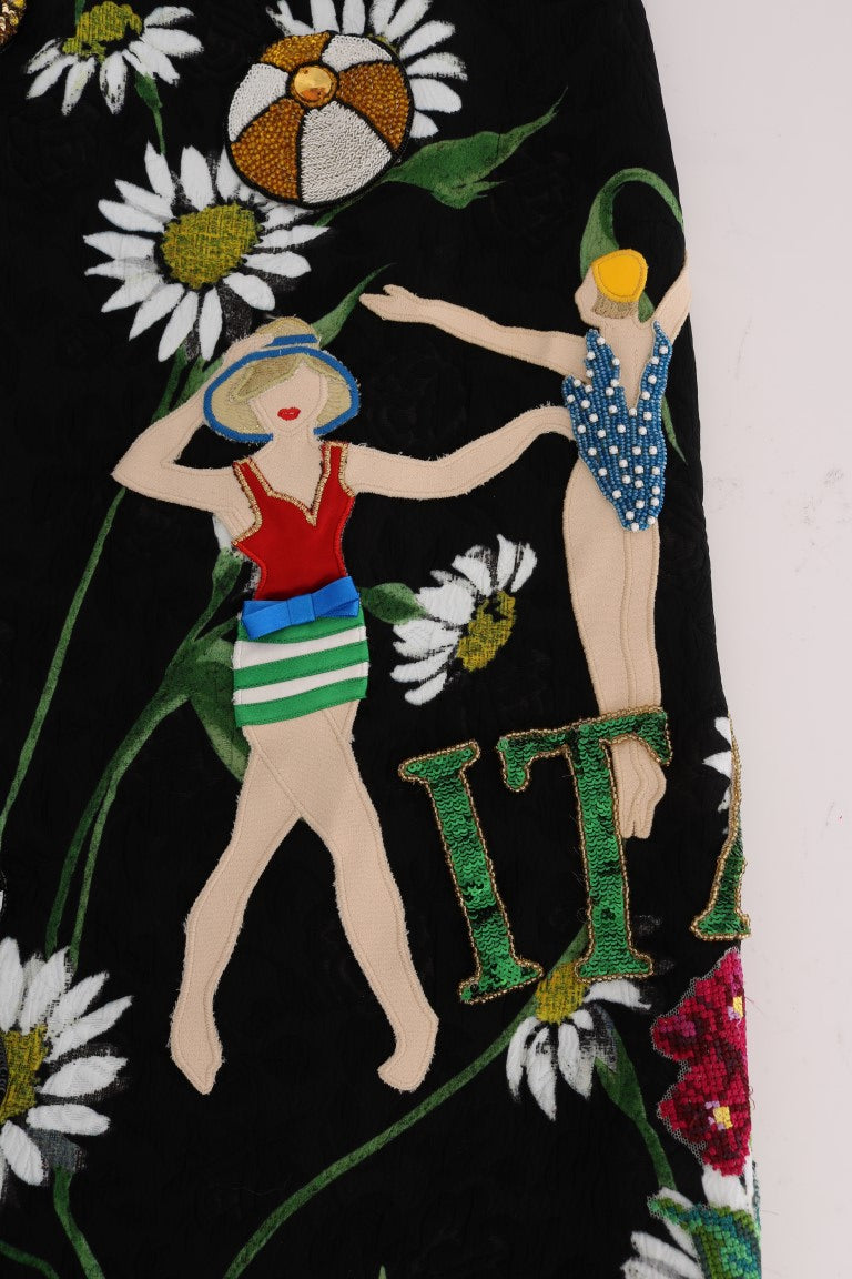 Dolce &amp; Gabbana – Schwarzer, verzierter Brokatrock mit Gänseblümchenmuster