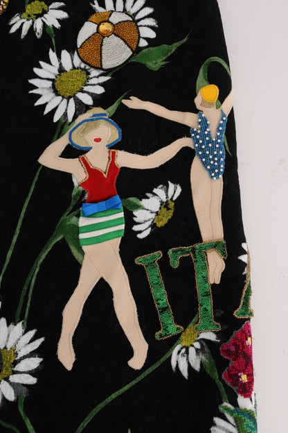 Dolce &amp; Gabbana – Schwarzer, verzierter Brokatrock mit Gänseblümchenmuster