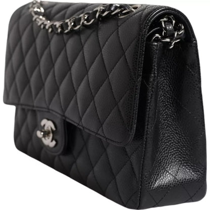 Chanel Black Caviar Medium Classic Double Flap Schultertasche in gestepptem Silber