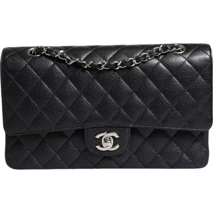 Chanel Black Caviar Medium Classic Double Flap Schultertasche in gestepptem Silber