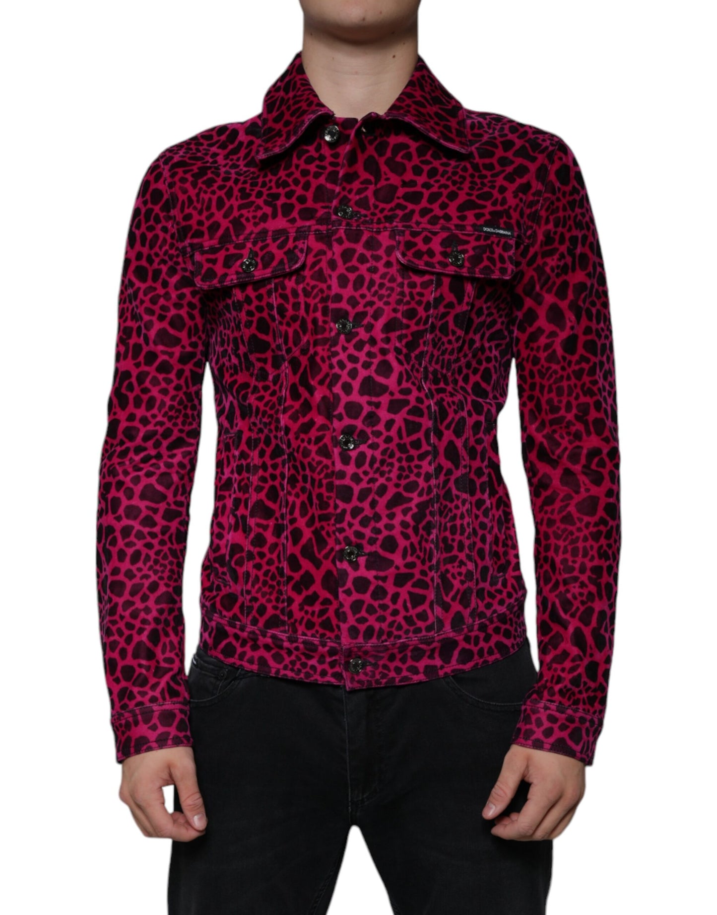 Dolce &amp; Gabbana – Fuchsiafarbene Jacke mit Leopardenmuster und Button-Down-Kragen
