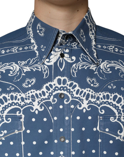 Dolce &amp; Gabbana Blau-weißes Freizeithemd aus Baumwolle mit Bandana-Print