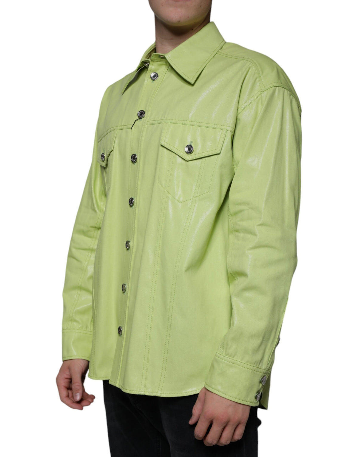 Dolce &amp; Gabbana Grünes Herren-Button-Down-Hemd aus Baumwolle mit Kragen