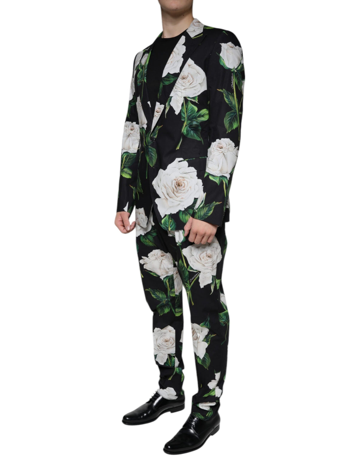 Dolce &amp; Gabbana – Schwarzer, formeller 2-teiliger Anzug aus Baumwolle mit Rosenmuster für Herren