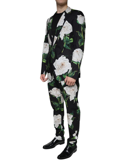 Dolce &amp; Gabbana – Schwarzer, formeller 2-teiliger Anzug aus Baumwolle mit Rosenmuster für Herren