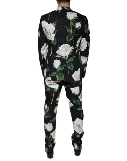 Dolce &amp; Gabbana – Schwarzer, formeller 2-teiliger Anzug aus Baumwolle mit Rosenmuster für Herren