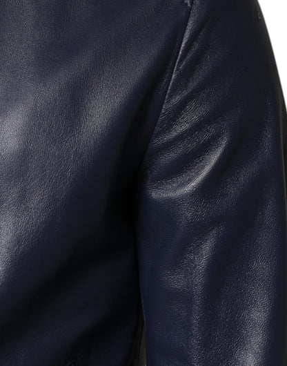 Dolce &amp; Gabbana – Blaue Bomberjacke aus Leder mit durchgehendem Reißverschluss und Kapuze