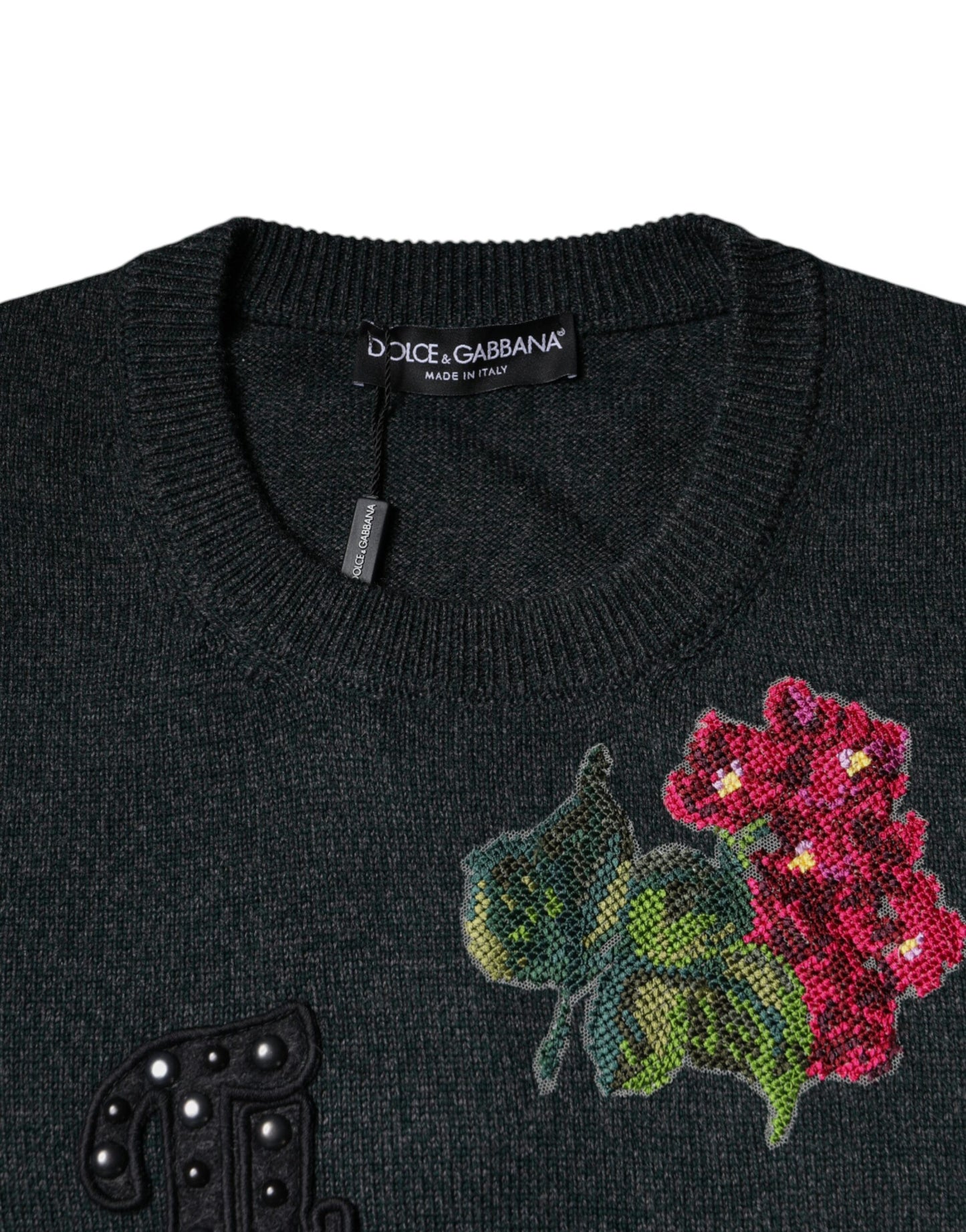 Dolce &amp; Gabbana Grauer Pullover mit Rundhalsausschnitt und Verzierung