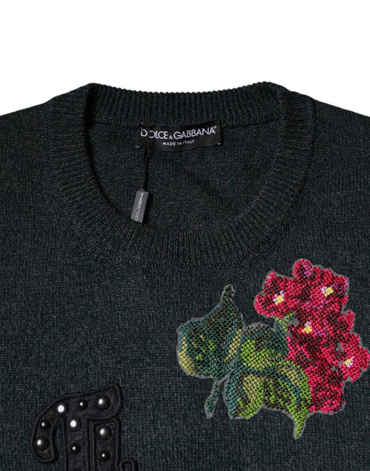 Dolce &amp; Gabbana Grauer Pullover mit Rundhalsausschnitt und Verzierung