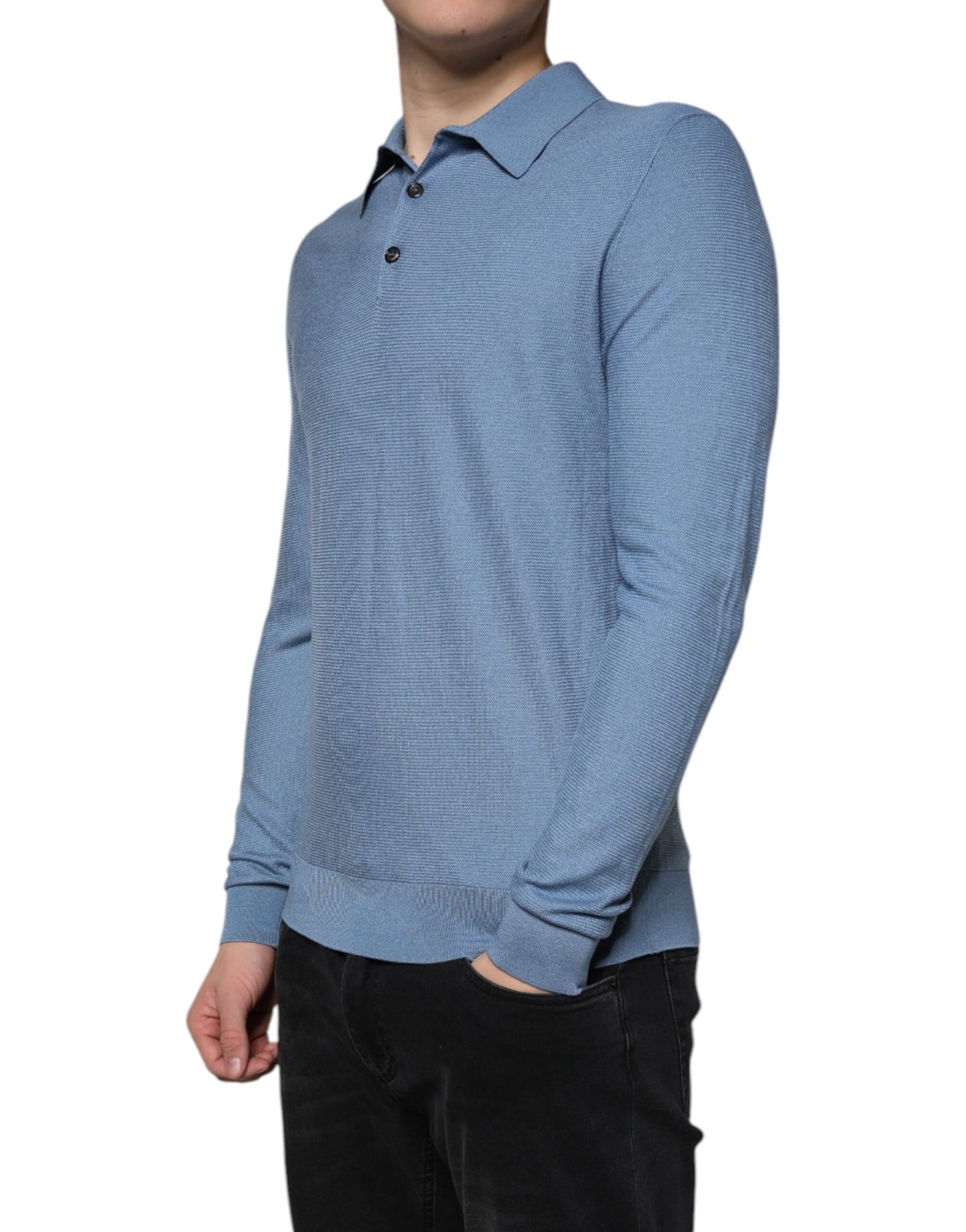 Dolce &amp; Gabbana Himmelblauer Seidenpullover mit Kragen für Herren