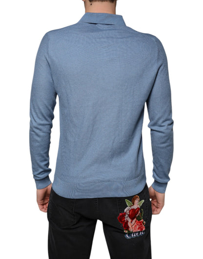 Dolce &amp; Gabbana Himmelblauer Seidenpullover mit Kragen für Herren