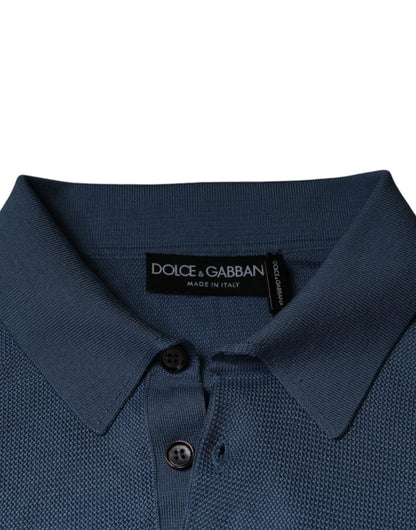 Dolce &amp; Gabbana Himmelblauer Seidenpullover mit Kragen für Herren
