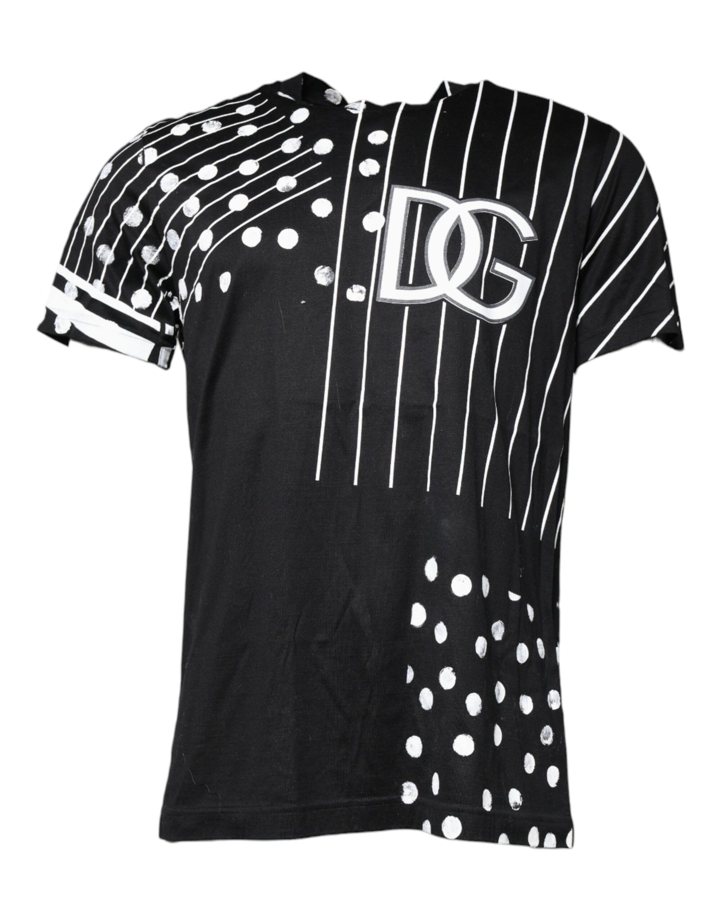 Dolce &amp; Gabbana – Schwarzes T-Shirt aus Baumwolle mit Polka Dots und Rundhalsausschnitt