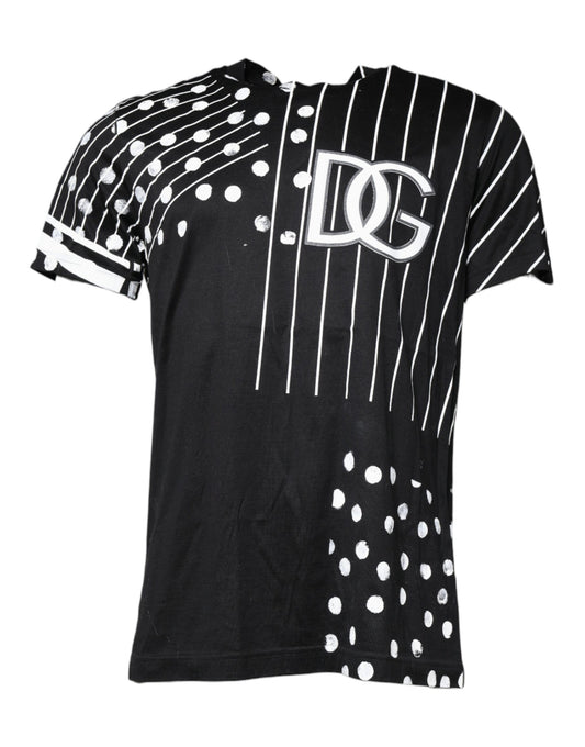 Dolce &amp; Gabbana – Schwarzes T-Shirt aus Baumwolle mit Polka Dots und Rundhalsausschnitt