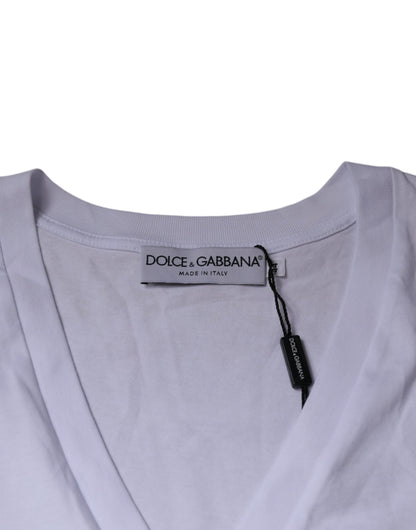 Dolce &amp; Gabbana – Weißes, kurzärmliges T-Shirt aus Baumwolle mit V-Ausschnitt und Logo