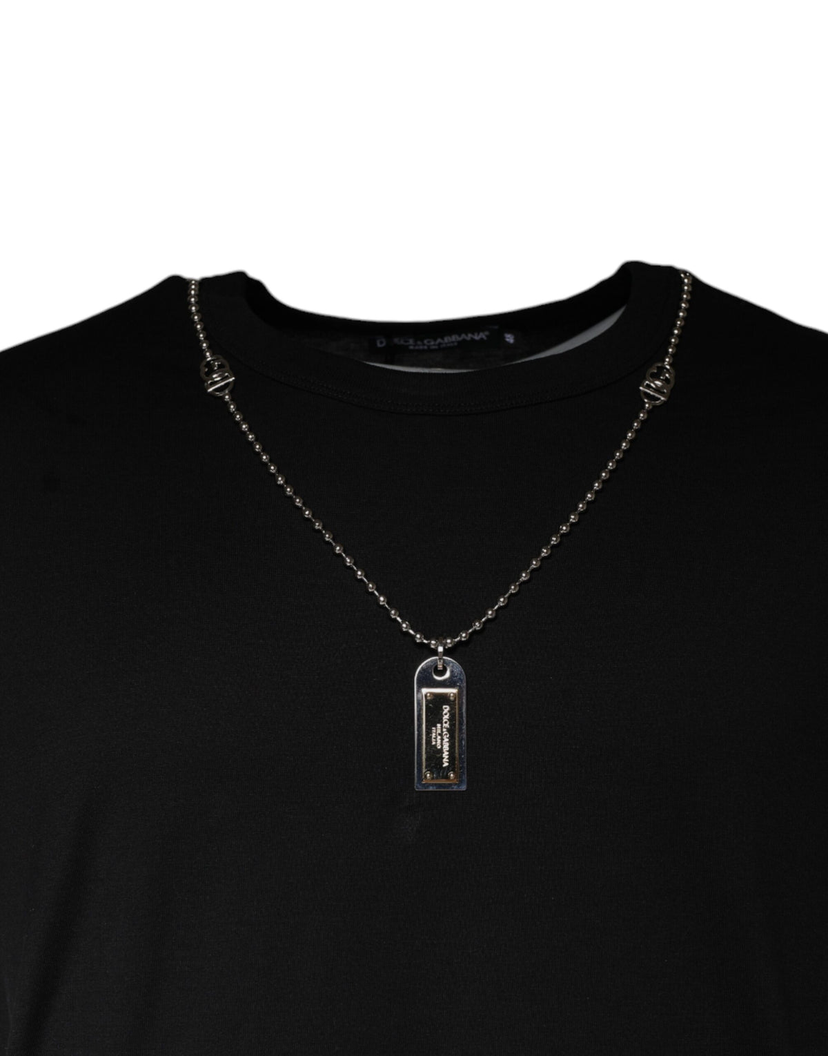 Dolce &amp; Gabbana Schwarzes Baumwoll-T-Shirt mit Halskettenverzierung