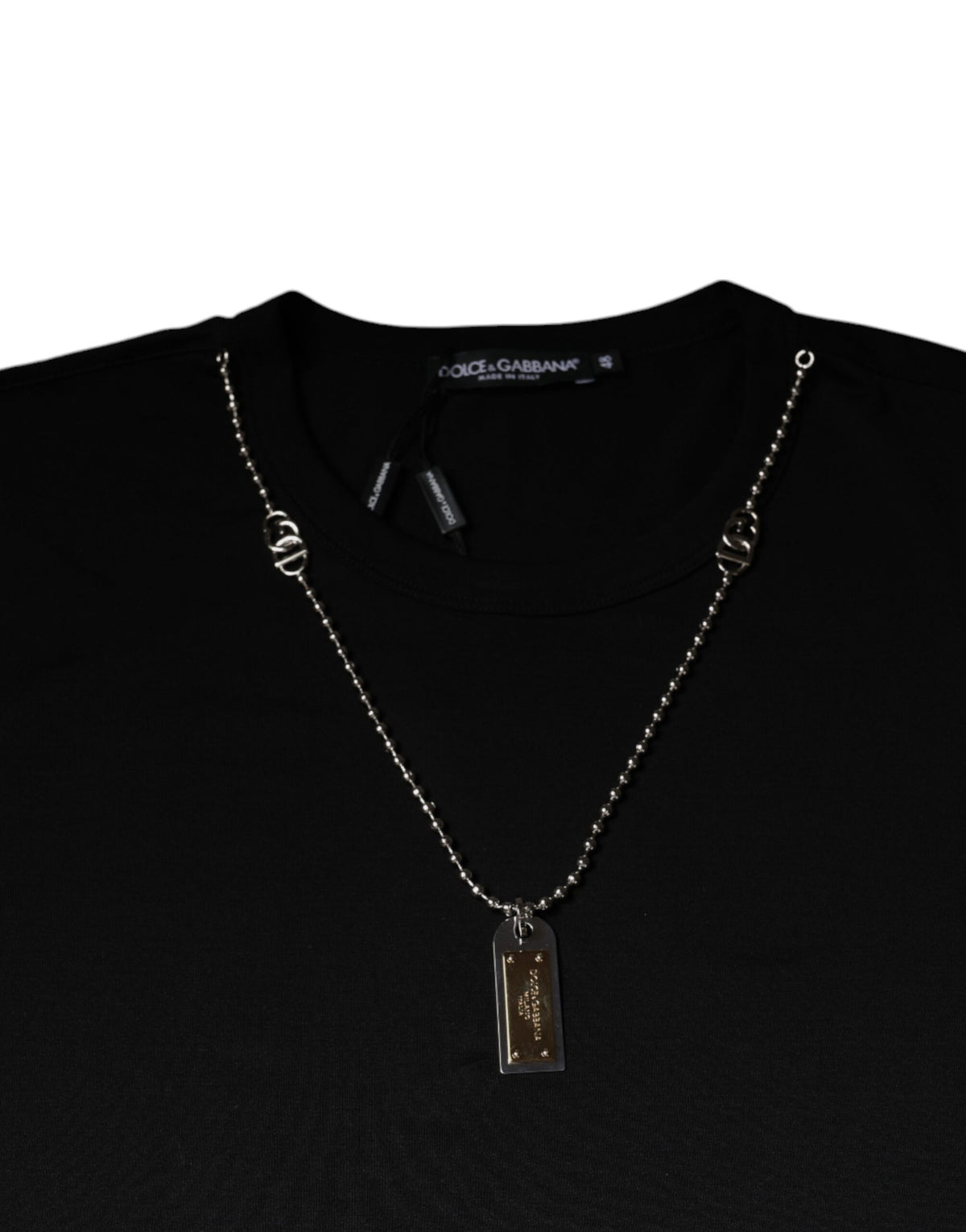 Dolce &amp; Gabbana Schwarzes Baumwoll-T-Shirt mit Halskettenverzierung