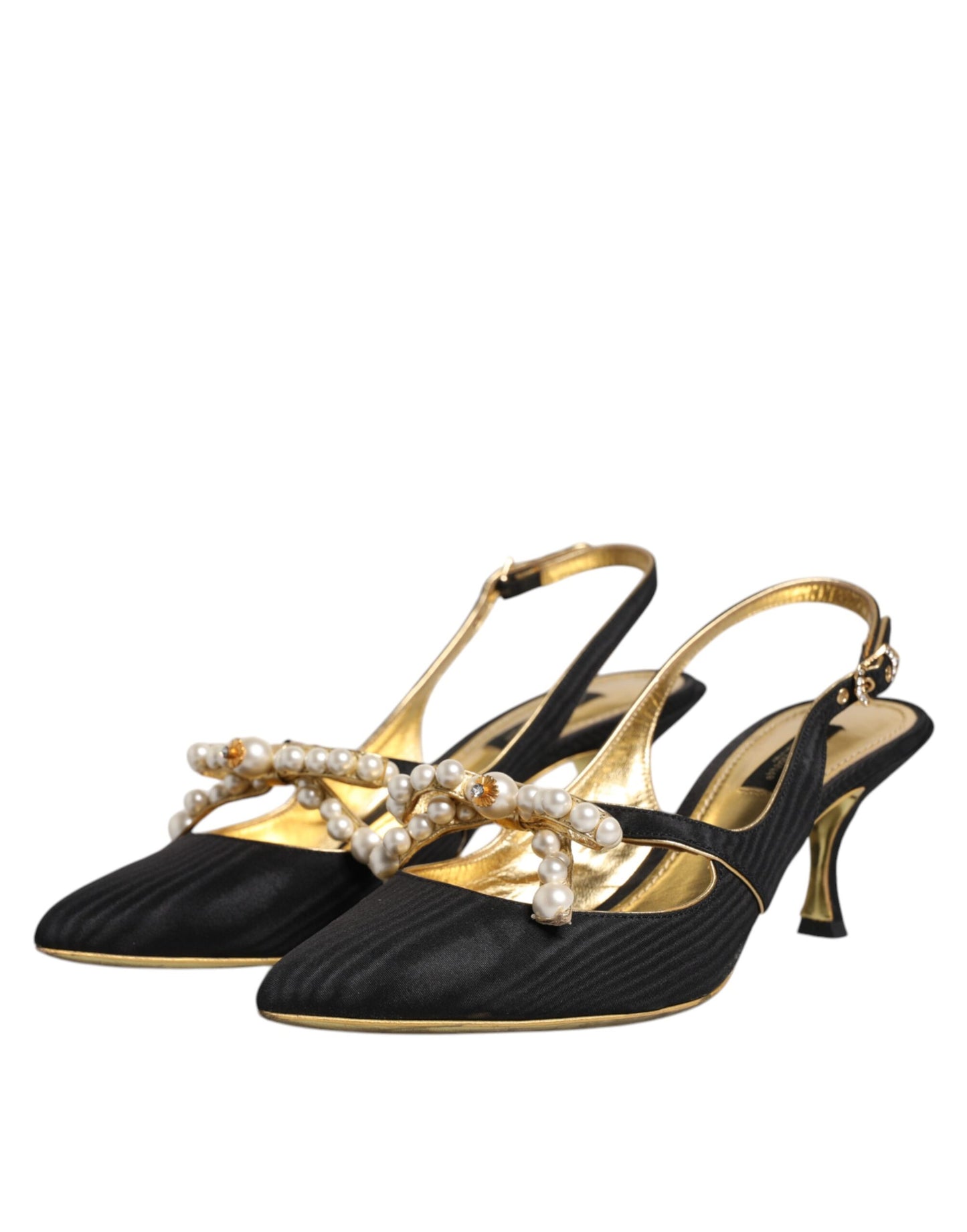 Dolce &amp; Gabbana – Slingback-Schuhe aus schwarzem Leder mit Kunstperlen