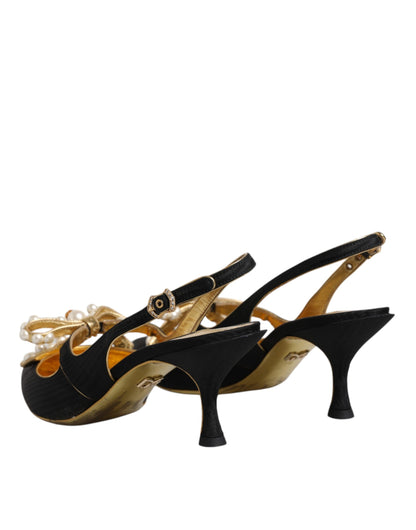 Dolce &amp; Gabbana – Slingback-Schuhe aus schwarzem Leder mit Kunstperlen