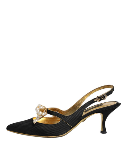 Dolce &amp; Gabbana – Slingback-Schuhe aus schwarzem Leder mit Kunstperlen