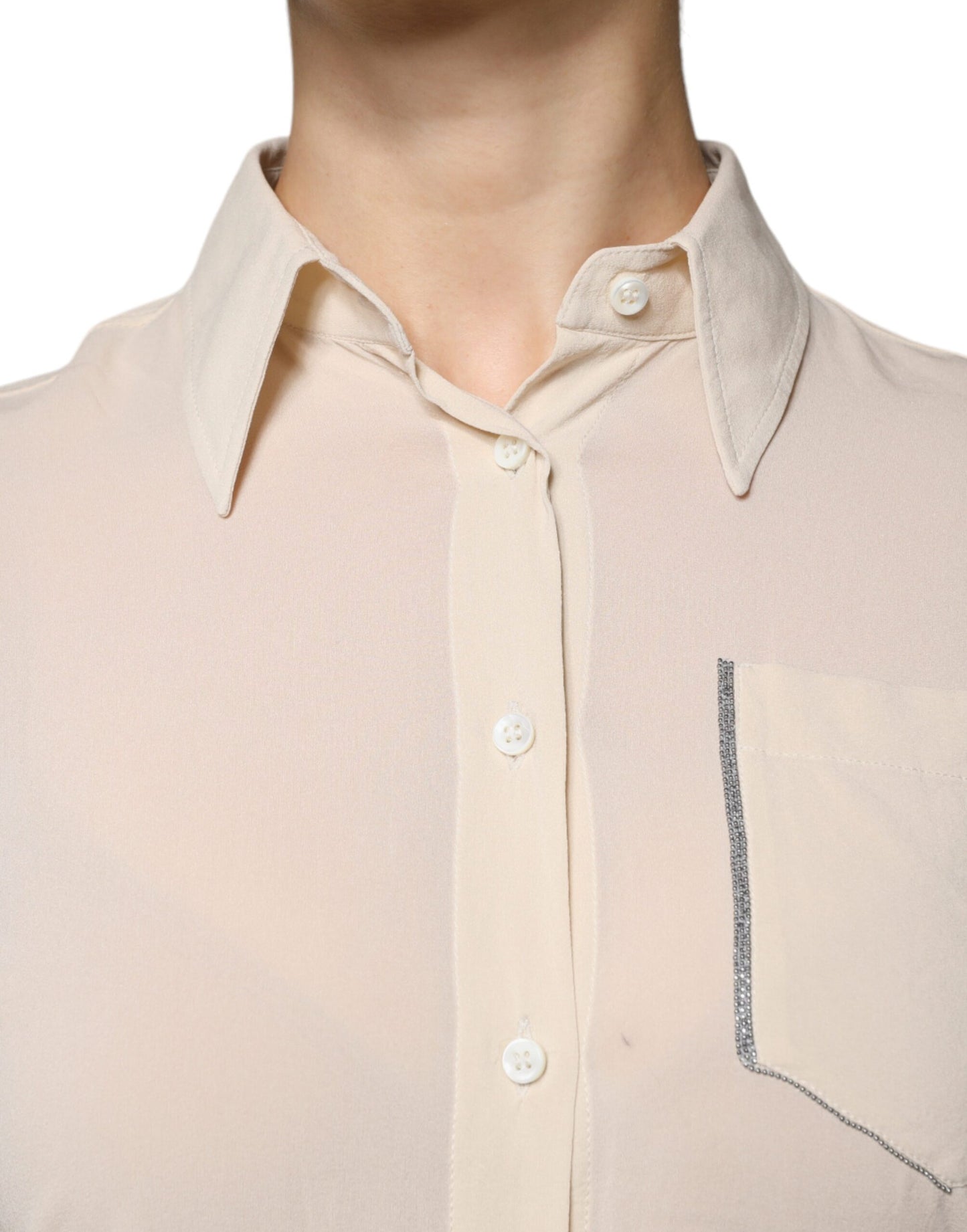 Brunello Cucinelli – Beiges Button-Down-Oberteil aus Seidenmischung mit Kragen