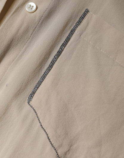 Brunello Cucinelli – Beiges Button-Down-Oberteil aus Seidenmischung mit Kragen