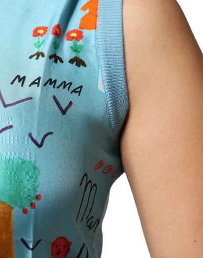 Dolce &amp; Gabbana – Ärmelloses Tanktop aus Kaschmir in Blau mit Zeichnung