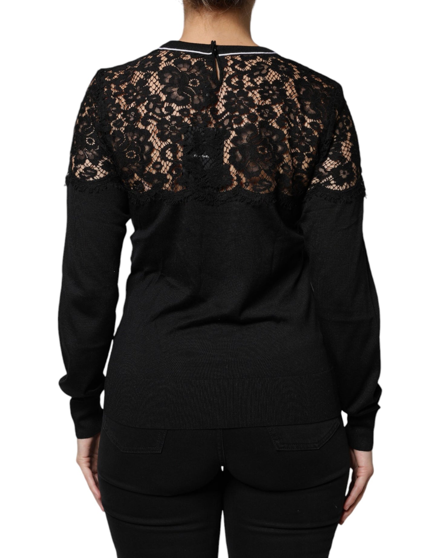 Dolce &amp; Gabbana – Schwarze Bluse aus Seiden-Pullover mit Blumenspitze