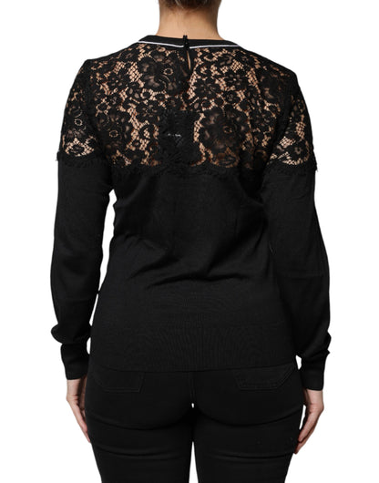 Dolce &amp; Gabbana – Schwarze Bluse aus Seiden-Pullover mit Blumenspitze