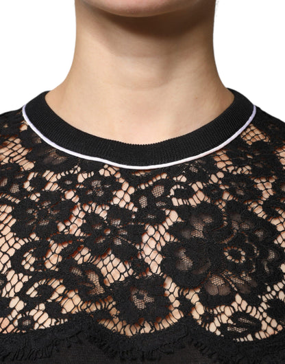 Dolce &amp; Gabbana – Schwarze Bluse aus Seiden-Pullover mit Blumenspitze