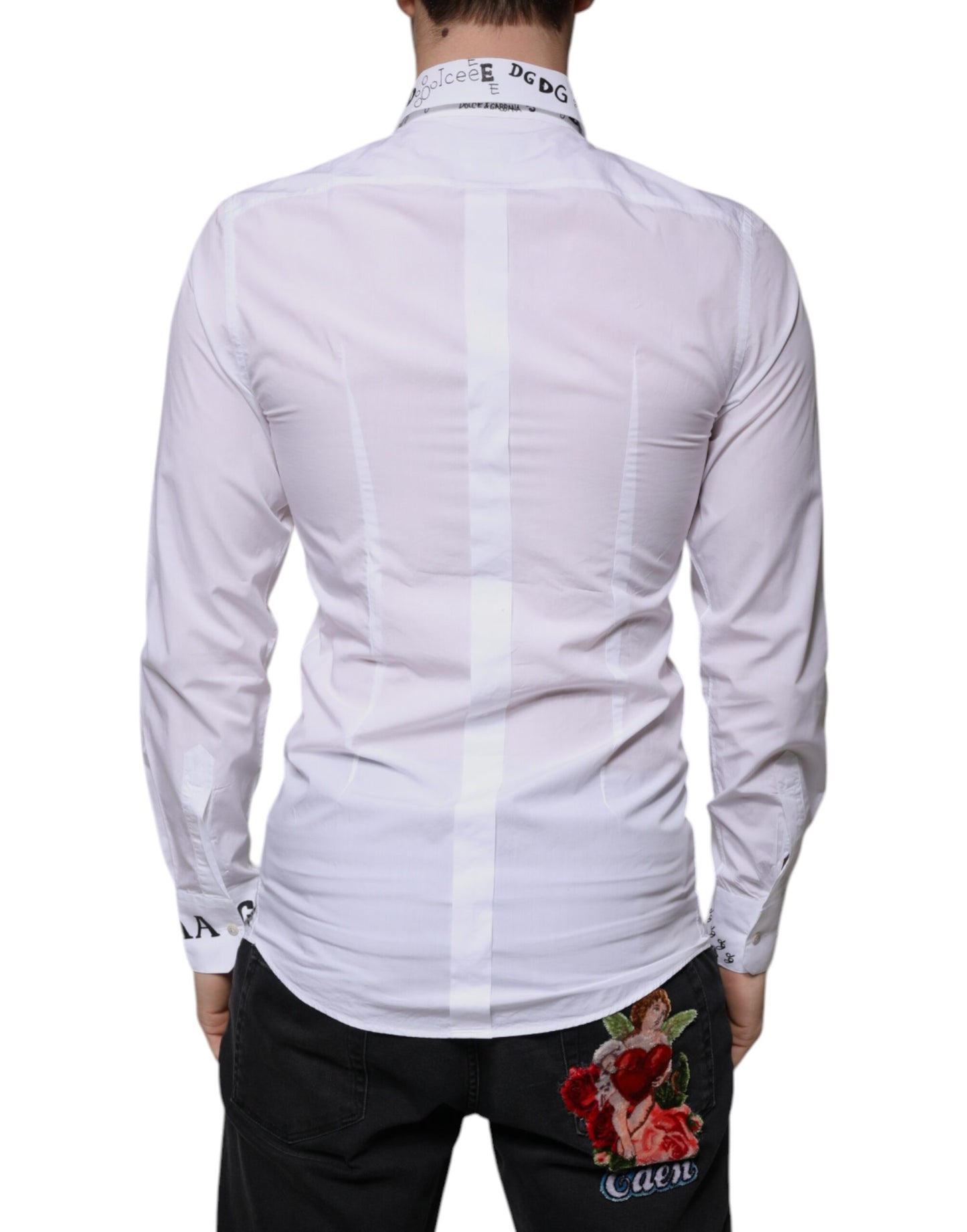 Dolce &amp; Gabbana Weißes Baumwoll-Logo-Formelles Herren-GOLD-Hemd