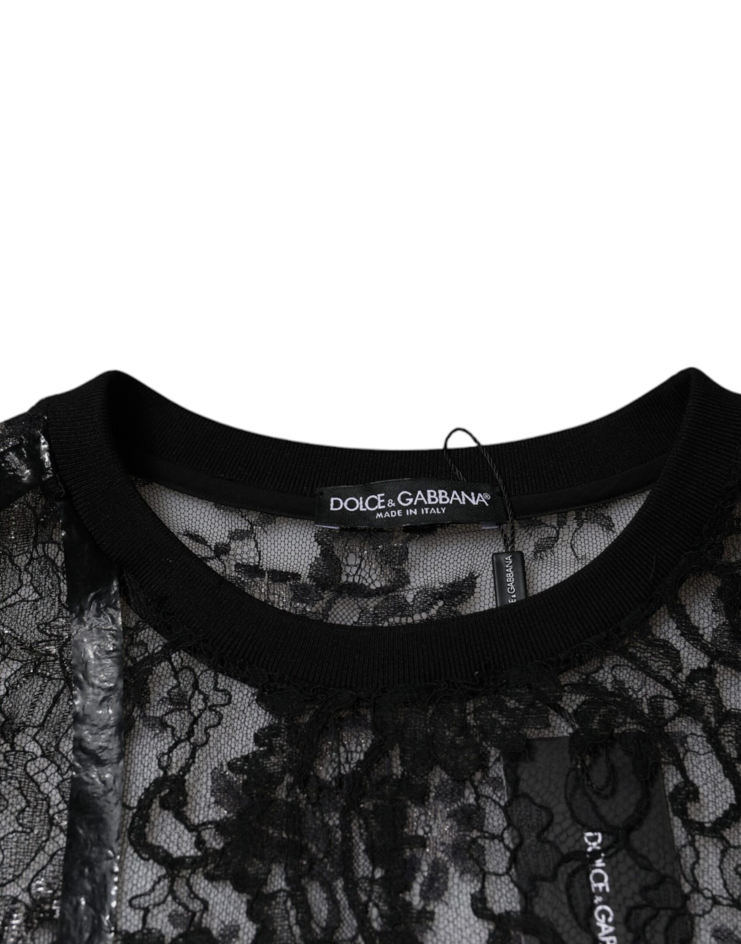 Dolce &amp; Gabbana – Schwarzes T-Shirt mit Rundhalsausschnitt aus Nylon mit Blumenspitze
