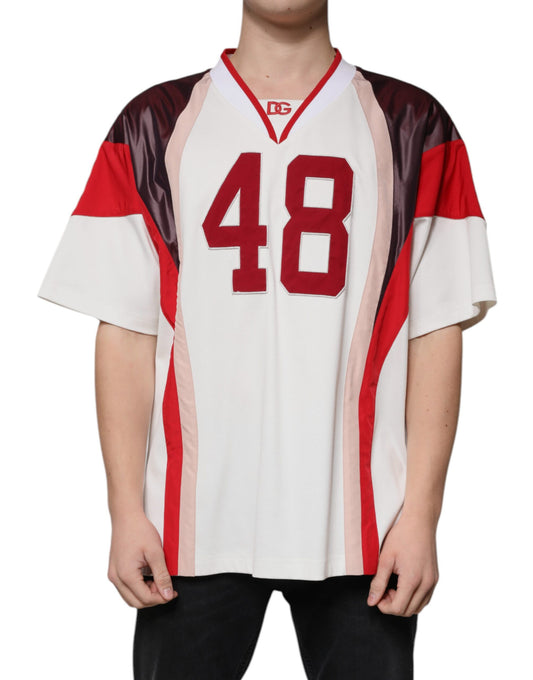 Dolce &amp; Gabbana T-Shirt aus Jersey-Baumwolle mit V-Ausschnitt und mehrfarbigem Logo