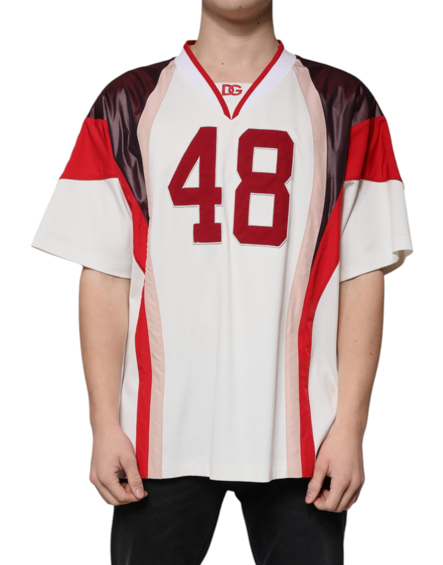 Dolce &amp; Gabbana T-Shirt aus Jersey-Baumwolle mit V-Ausschnitt und mehrfarbigem Logo