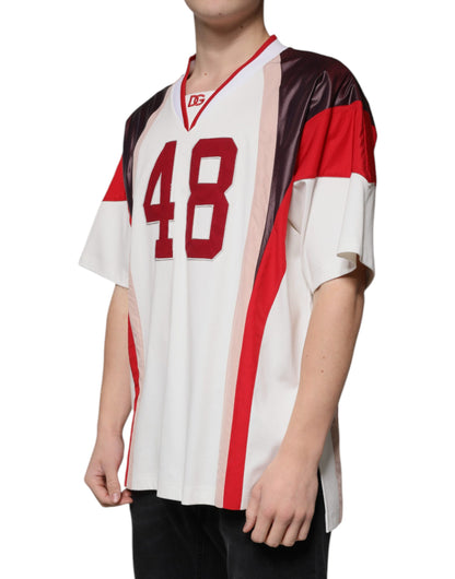 Dolce &amp; Gabbana T-Shirt aus Jersey-Baumwolle mit V-Ausschnitt und mehrfarbigem Logo