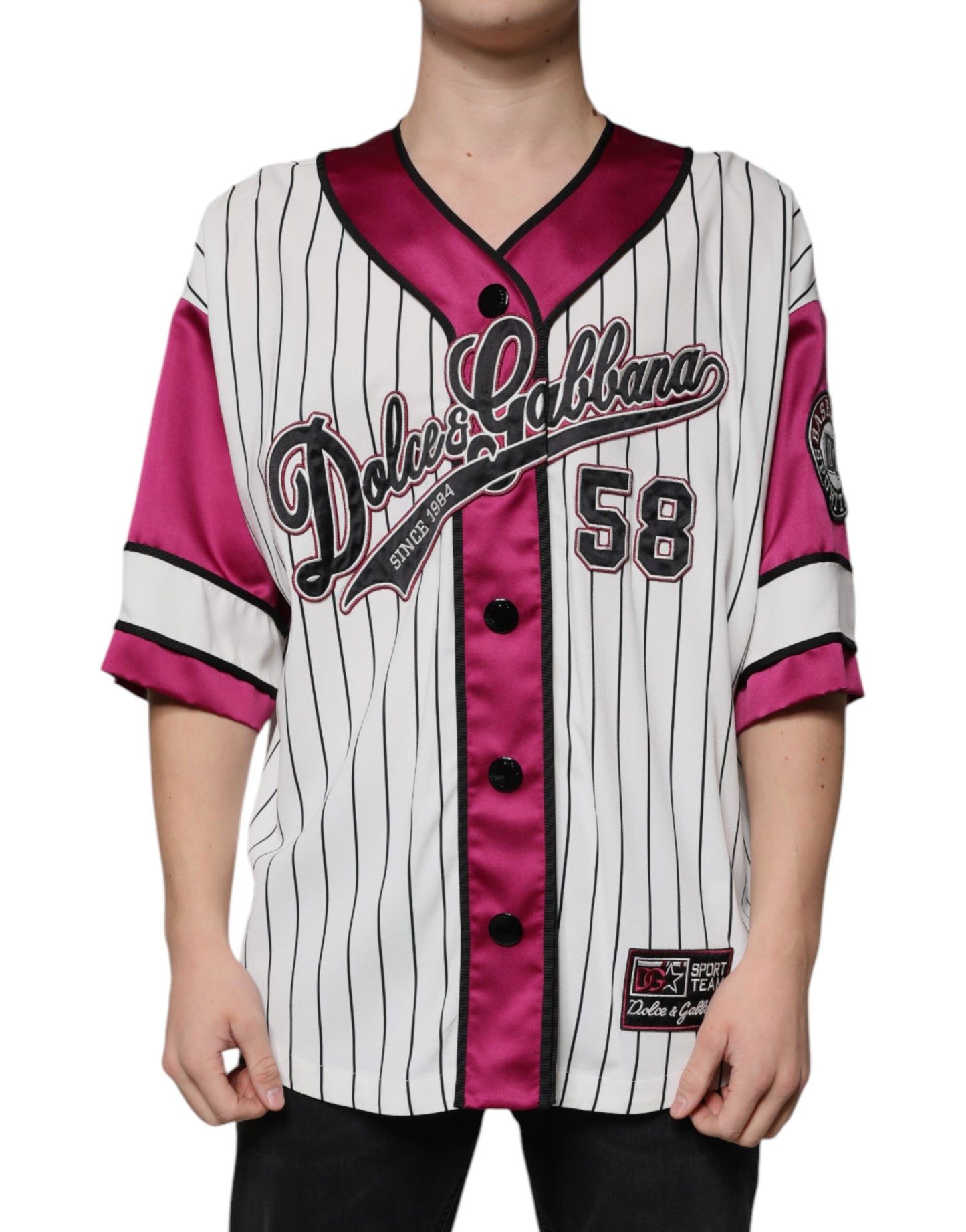 Dolce &amp; Gabbana – Mehrfarbiges Jersey-T-Shirt mit V-Ausschnitt und Logo