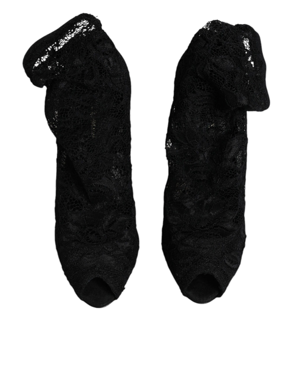 Dolce &amp; Gabbana – Schwarze, wadenhohe Stiefel mit Stretch-Absatz aus Spitze