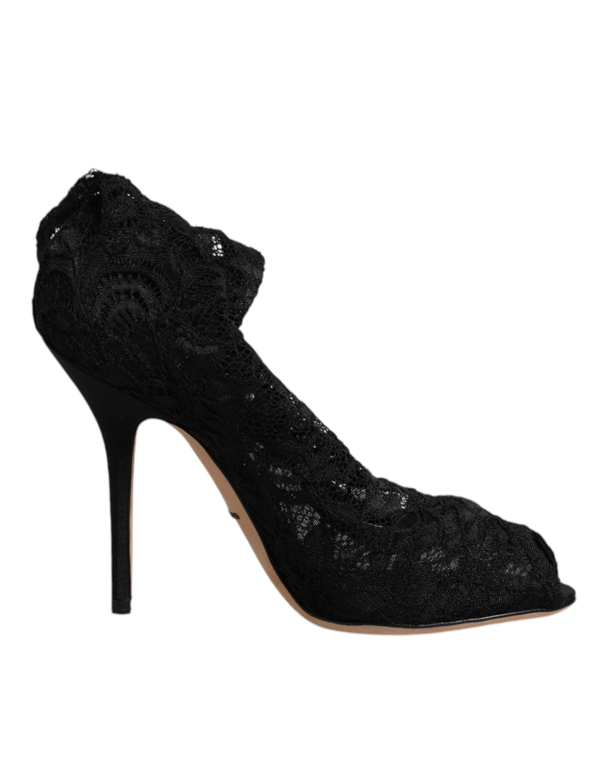 Dolce &amp; Gabbana – Schwarze, wadenhohe Stiefel mit Stretch-Absatz aus Spitze