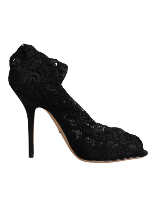 Dolce &amp; Gabbana – Schwarze, wadenhohe Stiefel mit Stretch-Absatz aus Spitze