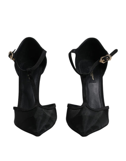 Dolce &amp; Gabbana – Schwarze High Heels mit T-Riemen aus Mesh mit Stilettoabsatz