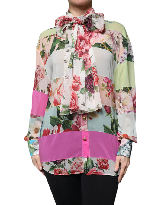 Dolce &amp; Gabbana, mehrfarbiges Oberteil mit Ascot-Kragen und Blumen-Patchwork