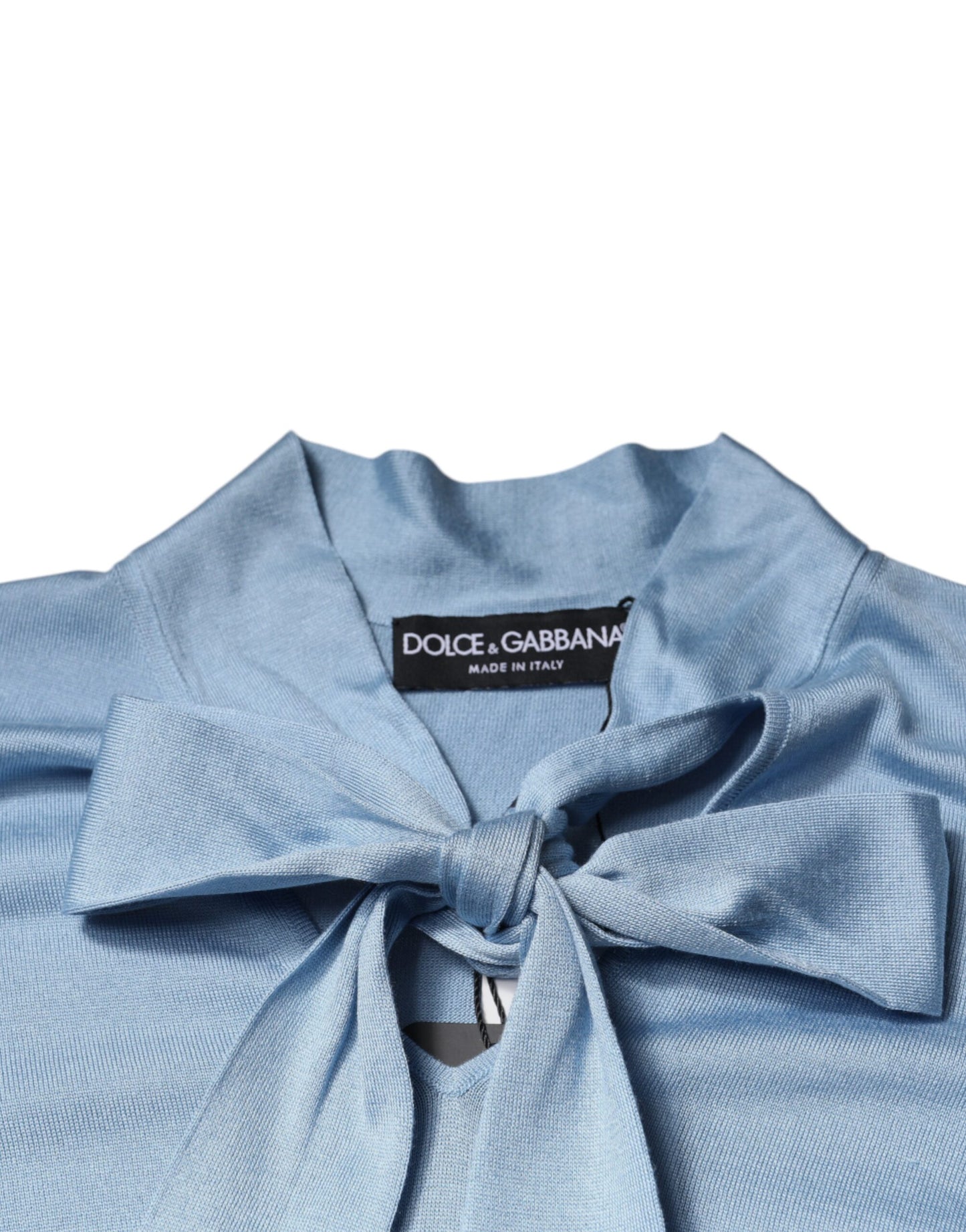 Dolce &amp; Gabbana, blauer Seidenstrickpullover mit Ascot-Kragen