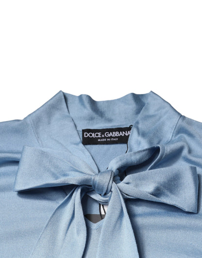 Dolce &amp; Gabbana, blauer Seidenstrickpullover mit Ascot-Kragen
